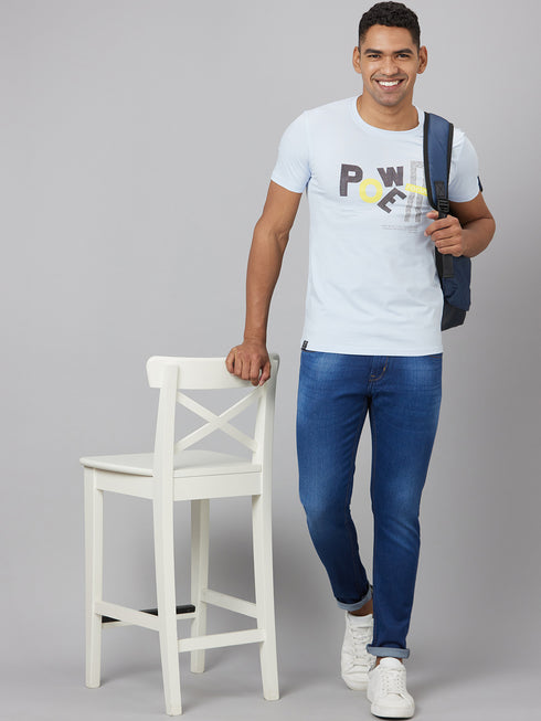 Men Light Blue Solid with Printed Logo T-Shirt