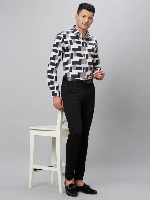 Mens Black & White Printed Casual Shirt With Full Sleeves