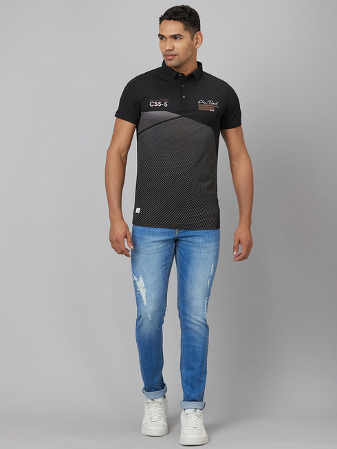 Men Black & White Printed Striped Casual T-Shirt
