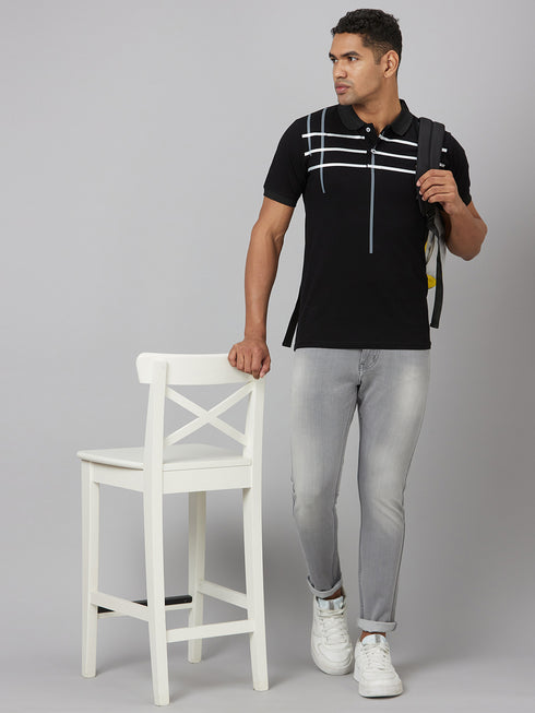 Men Black Top Stripped Lounge T-Shirt With Spread Collar