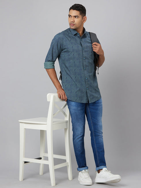 Men Blue Printed Sustainable Casual Shirt With Full Sleeves