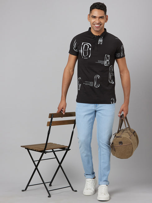 Men Black Printed Slim Fit Polo T-Shirt