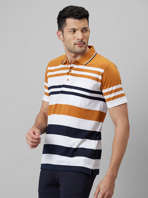 Mens Orange Striped Formal T-Shirt With Half Sleeves And Spread Collar