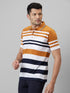Mens Orange Striped Formal T-Shirt With Half Sleeves And Spread Collar