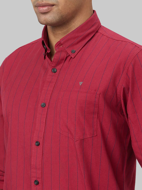 Men Red Striped Sustainable Casual Shirt With Full Sleeves