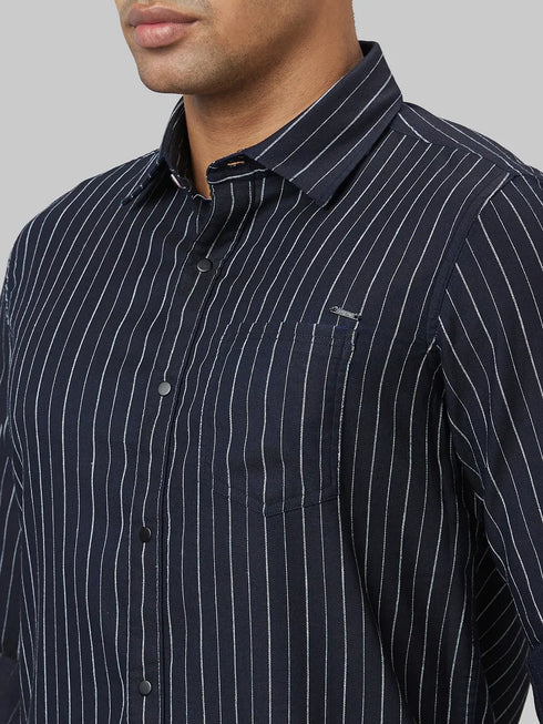 Men Navy Blue Striped Line Sustainable Casual Shirt With Spread Collar