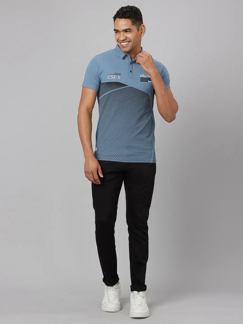 Men Blue Printed Sustainable Casual T-Shirt With Spread Collar