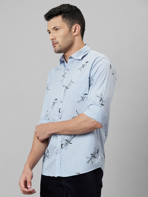 Mens Sky Blue printed casual shirt full sleeves with spread coller