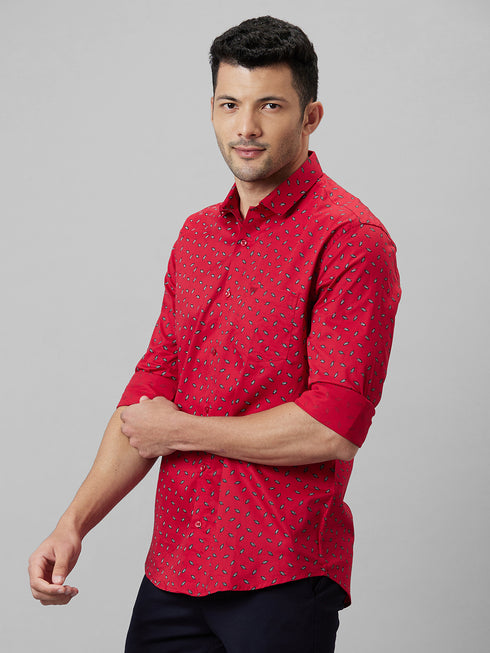 Mens Red Opaque Printed Spread Coller Cotton Linen Casual Shirt