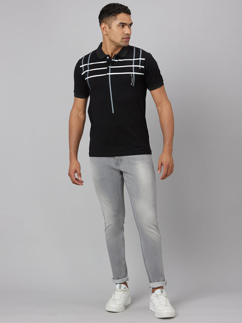Men Black Top Stripped Lounge T-Shirt With Spread Collar
