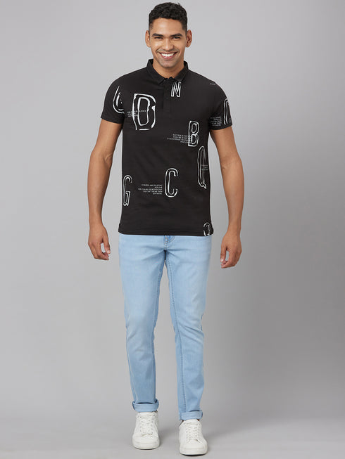 Men Black Printed Slim Fit Polo T-Shirt