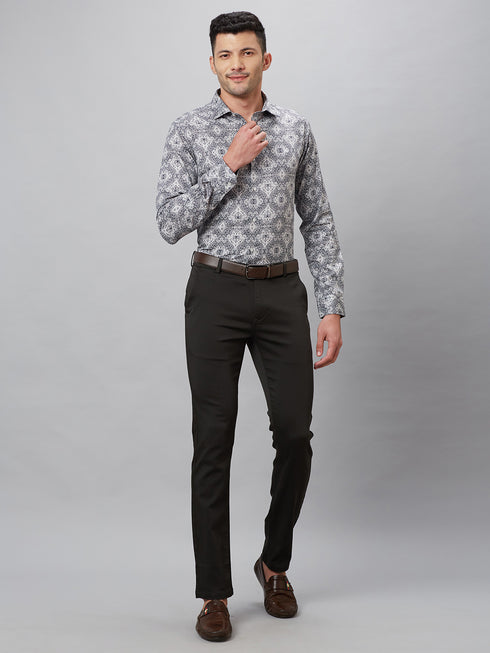 Mens Grey Geometric Printed Shirt With Full Sleeves And Spread Collar