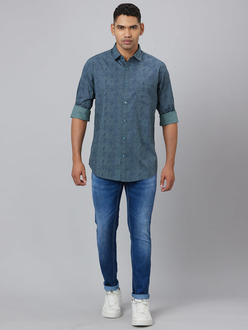 Men Blue Printed Sustainable Casual Shirt With Full Sleeves