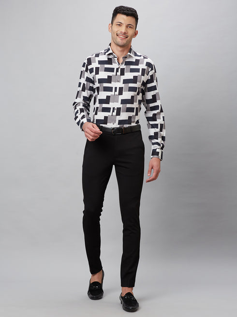 Mens Black & White Printed Casual Shirt With Full Sleeves