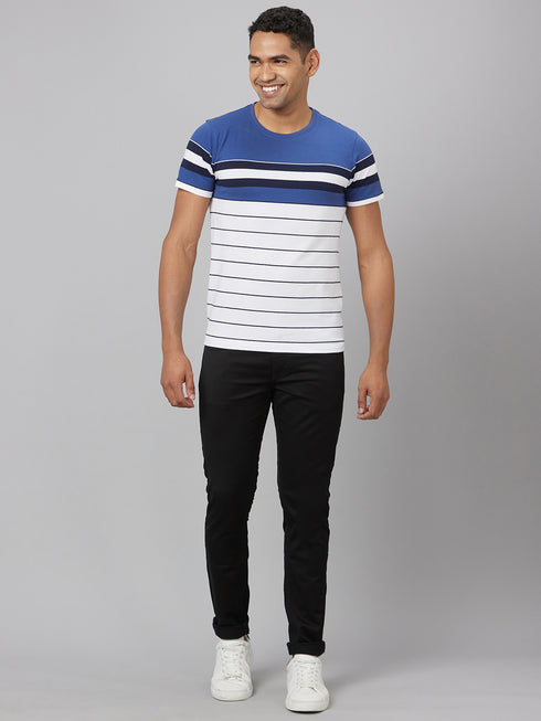Men Blue & White Striped Casual Cotton T-Shirt
