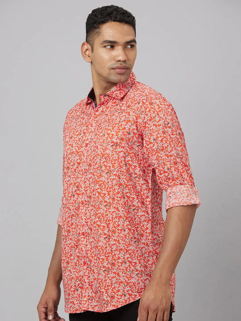 Mens Red Floral Printed Sustainable Casual Shirt With Full Sleeves