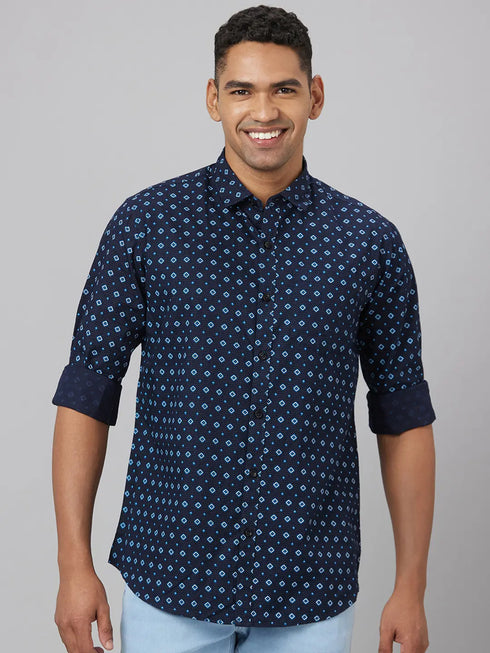 Men Blue Dot Printed Sustainable Casual Shirt With Spread Collar