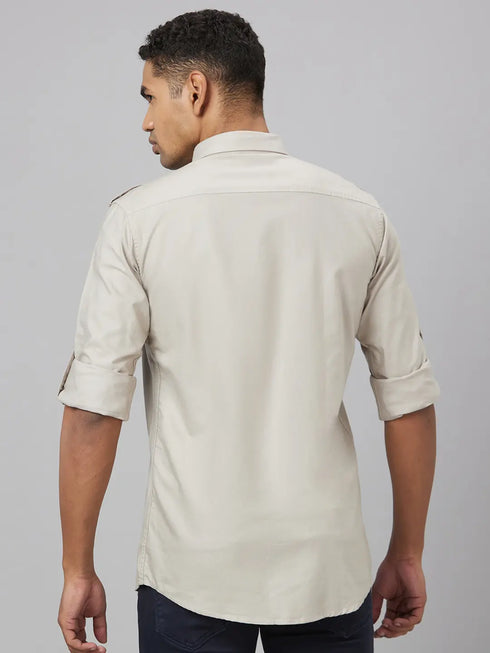Men Khaki Solid Sustainable Casual Shirt With Spread Collar And Full Sleeves