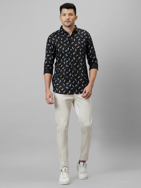 Mens Black Conversational Printed Cotton Linen Casual Shirt