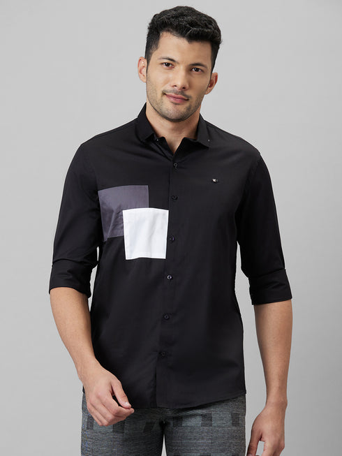 Mens Black Colour Blocked Spread Collar Cotton Linen Casual Shirt