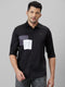 Mens Black Colour Blocked Spread Collar Cotton Linen Casual Shirt