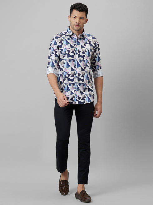 Mens Multicolour Geometric Printed cotton Linen Opaque Casual Shirt