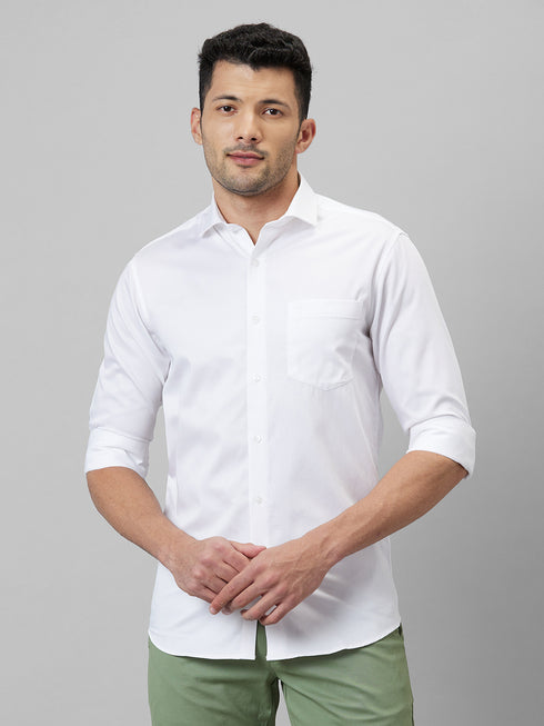 Mens White Solid Casual Shirt Full Sleeve With Spread Collar