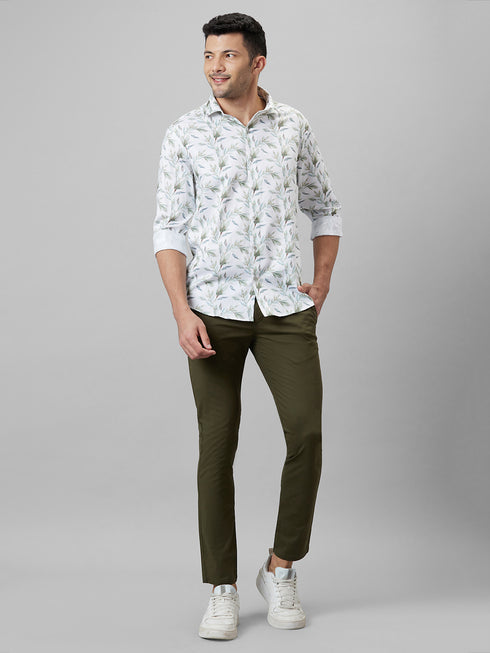 Mens White Floral Printed Opaque Casual Cotton Regular Fit Shirt