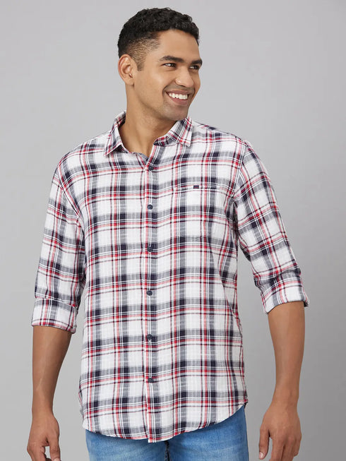 Men White & Red Checked Sustainable Casual Shirt With Full Sleeve