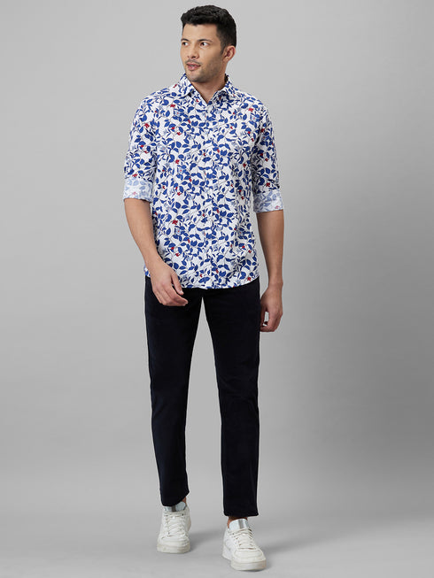 Mens White Floral Printed Spread Collar Cotton Linen Casual Shirt