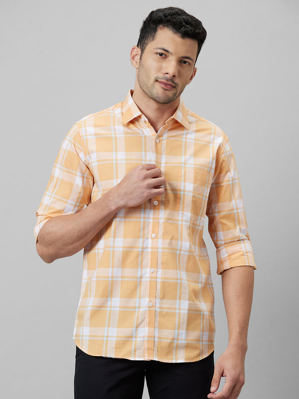 Mens Orange Checked Casual Shirt Full Sleeves With Spread Collar