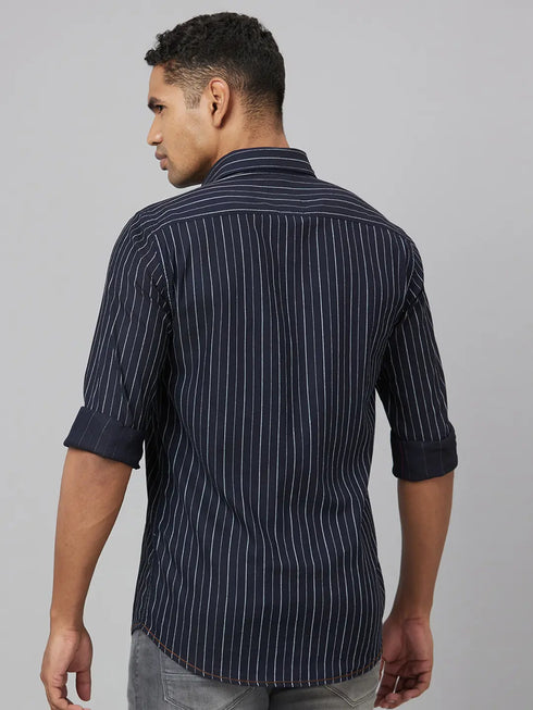 Men Navy Blue Striped Line Sustainable Casual Shirt With Spread Collar