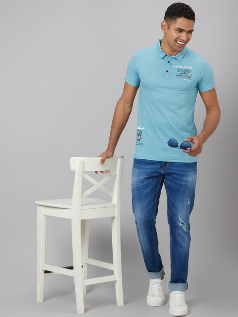 Men Sky Blue Solid Polyester lounge T-Shirt