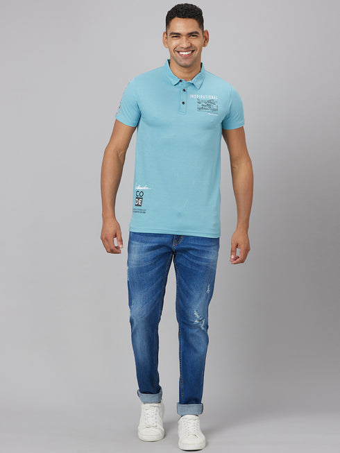 Men Sky Blue Solid Polyester lounge T-Shirt