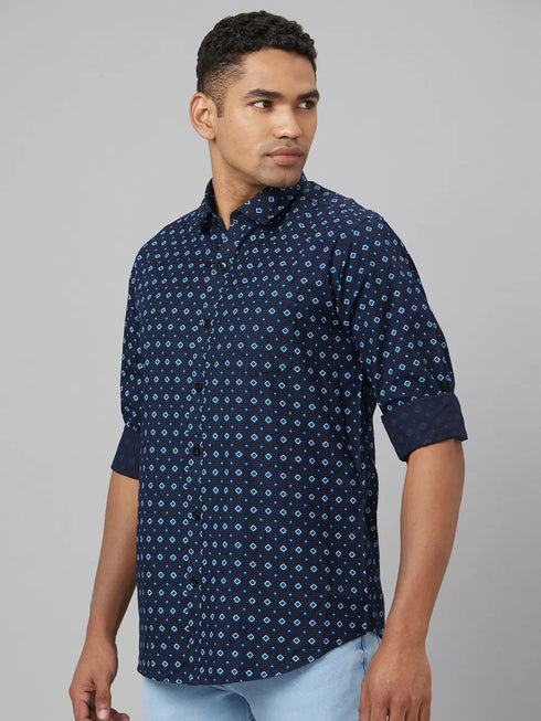 Men Blue Dot Printed Sustainable Casual Shirt With Spread Collar