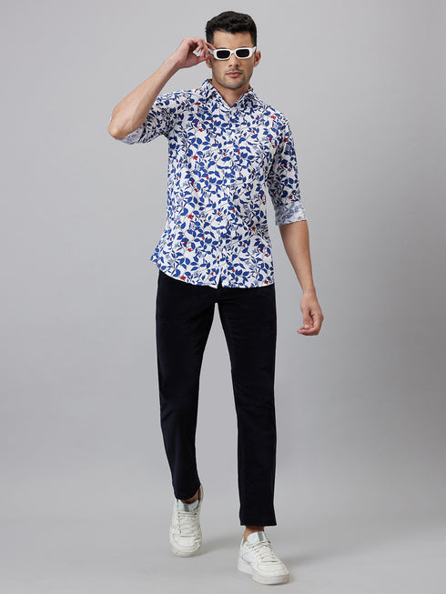 Mens White Floral Printed Spread Collar Cotton Linen Casual Shirt