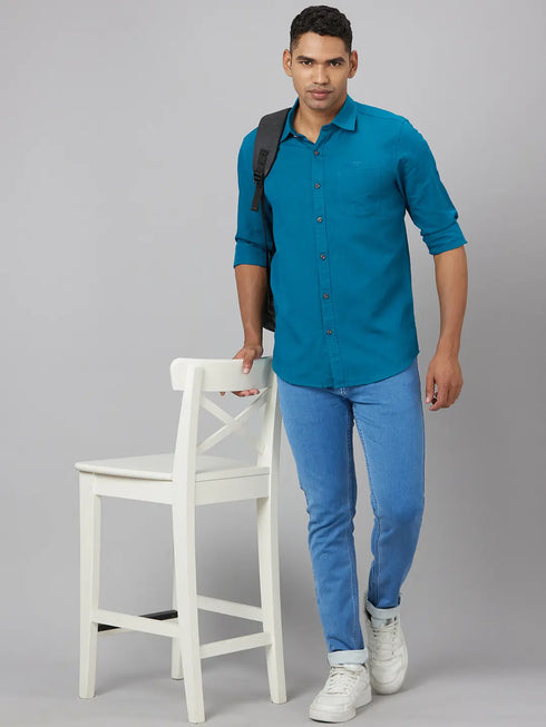 Men Teal Blue Solid Sustainable Casual Shirt Full Sleeves
