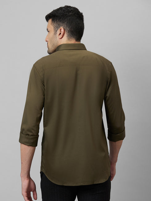 Mens Olive Green printed Spread Collar Cotton Linen Casual Shirt