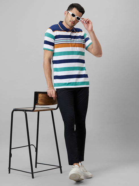 Mens Muticolor Striped Formal T-Shirt with Half Sleeves And Spread Collar