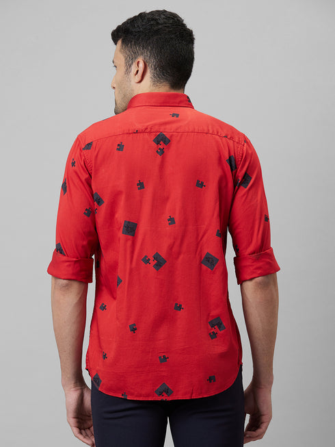 Mens Red Geometric Printed Cotton Linen Casual Shirt