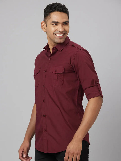 Men Maroon Solid Sustainable Casual Shirt With Full Sleeves