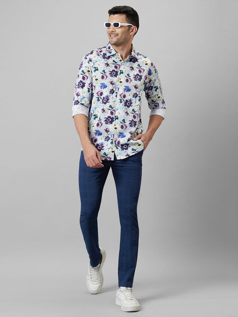 Mens Floral Printed White Casual Shirt Full Sleeve With Spread Collar