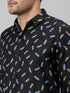 Mens Black Conversational Printed Cotton Linen Casual Shirt