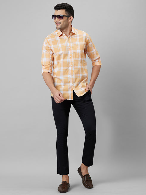 Mens Orange Checked Casual Shirt Full Sleeves With Spread Collar