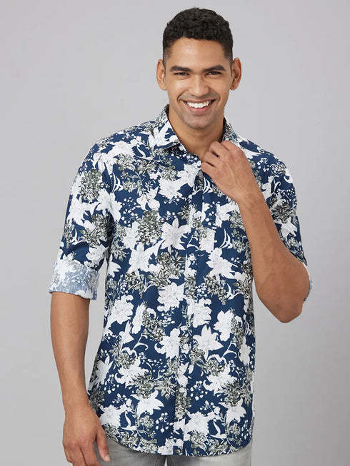 Men Blue & White Floral Print Sustainable Casual Shirt