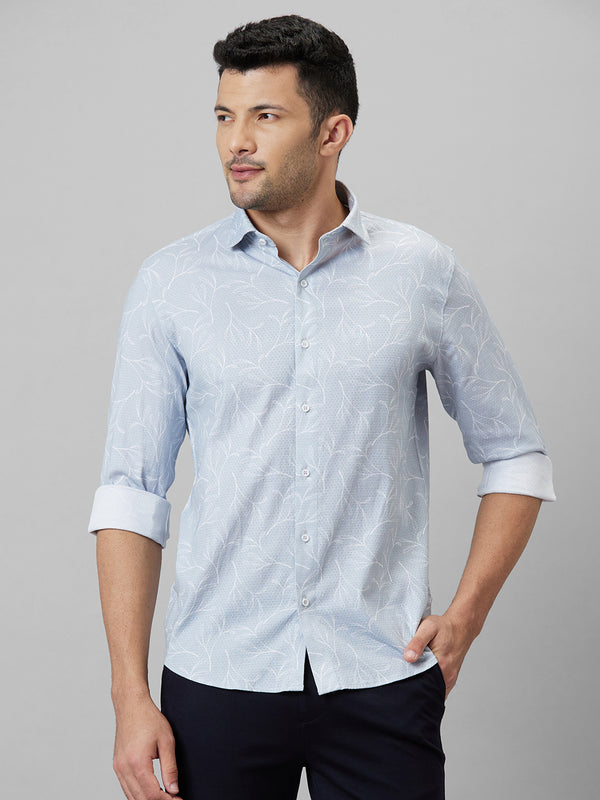 Mens Blue Floral Opaque Printed Cotton Linen Clean Look Casual Shirt