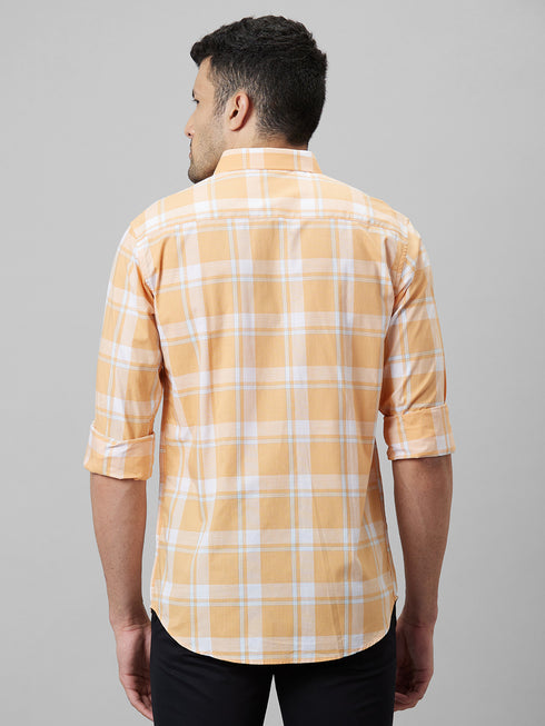 Mens Orange Checked Casual Shirt Full Sleeves With Spread Collar