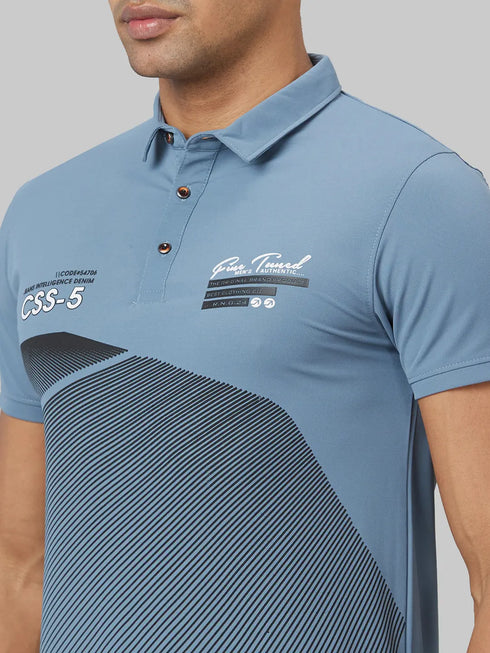 Men Blue Printed Sustainable Casual T-Shirt With Spread Collar