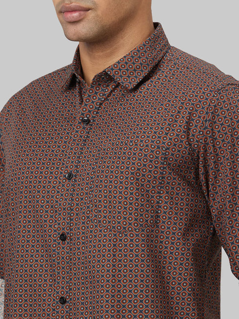 Men Coffee Brown Printed Sustainable Casual Shirt With Spread Collar And Full Sleeves