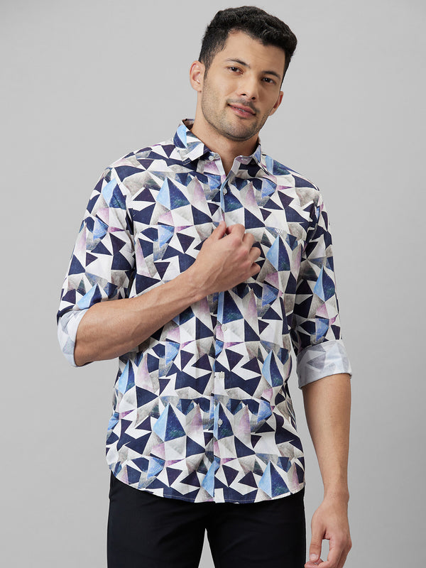 Mens Multicolour Geometric Printed cotton Linen Opaque Casual Shirt